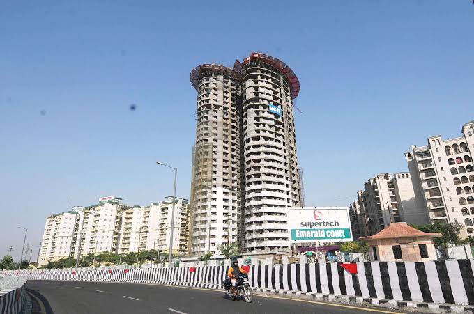 One of the Supertech twin towers fully rigged with explosives Noida