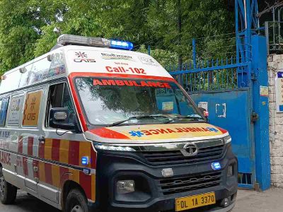 EMERGENCY: An ambulance exiting the premises of Asha Kiran