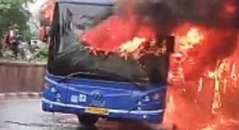 Delhi: Cluster bus catches fire in Jagatpuri, no casualties