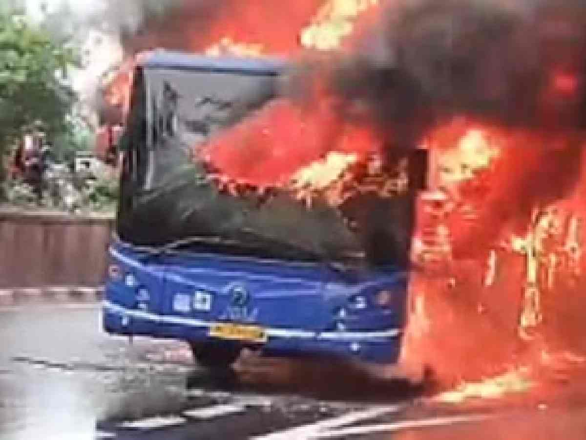 Delhi: Cluster bus catches fire in Jagatpuri, no casualties