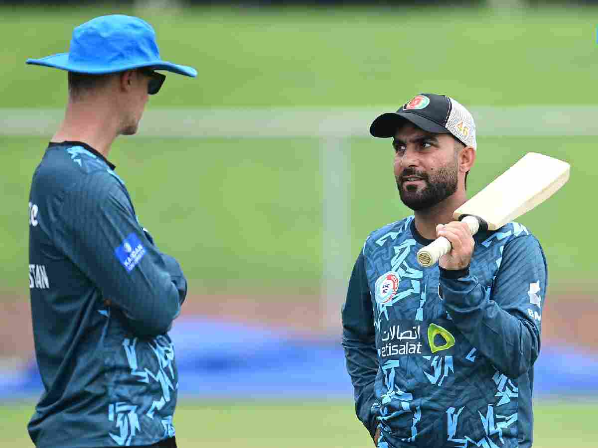 Afghanistan captain Hashmatullah Shahidi (right) at practice at Greater Noida stadium