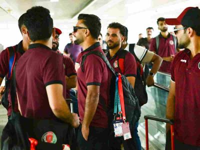 Afghanistan players arrive at the Delhi airport for the match at Greater Noida stadium