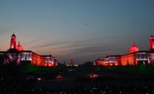 A view of the illuminated South Block, North Block