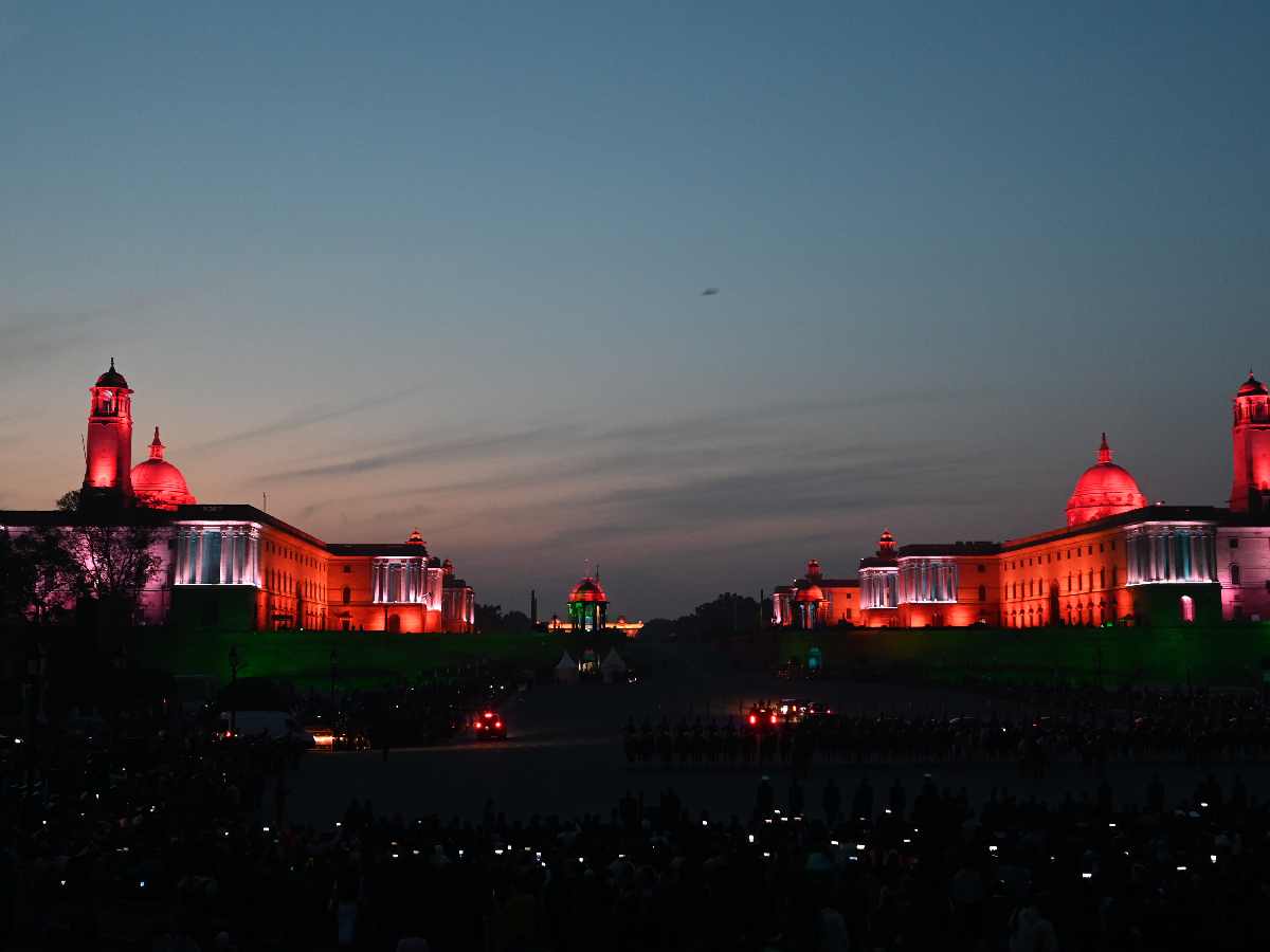 A view of the illuminated South Block, North Block