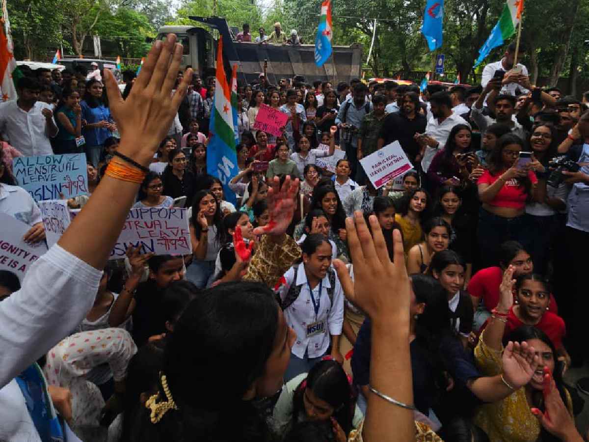 NSUI protests at DU demanding 12-day menstrual leave per semester