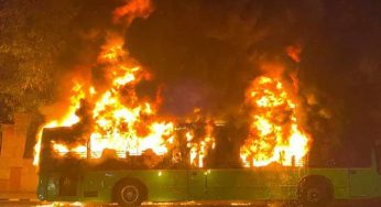DTC bus gutted in fire as motorcycle rams into it in Delhi Cantt