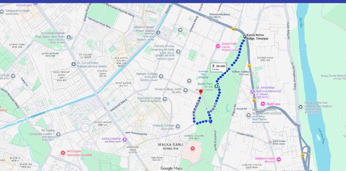 Route from University Enclave to Kamla Nehru North Ridge
