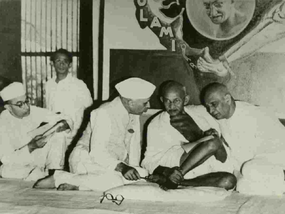 Mahatma Gandhi with Jawaharlal Nehru and Sardar Vallabhai Patel