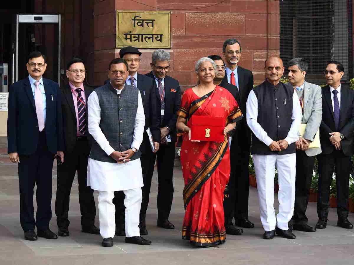 Union Finance Minister Nirmala Sitharaman with the Finance Ministry team during Budget Session at North Block