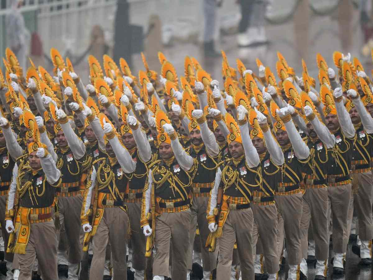 Soldiers march with wet uniforms, boots as Republic Day rehearsal held amid rain