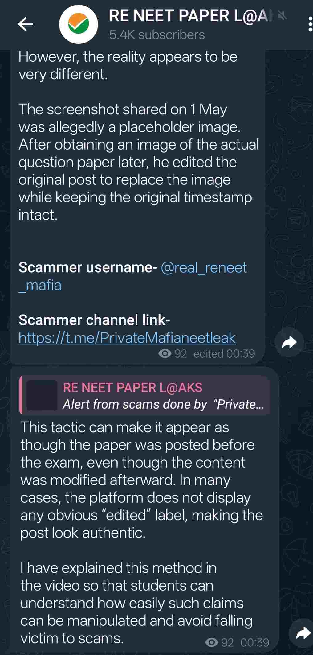 A Telegram channel issuing warnings aboutscammers
