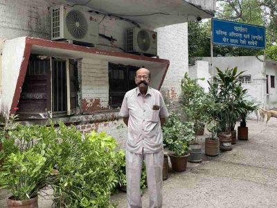 Nand Kishore, 89, a Mor Sarai resident,standing outside his quarters