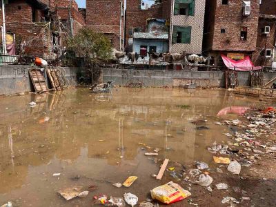 A park submerged in sewage water in Jawahar Mohalla, a slum colony in Patparganj