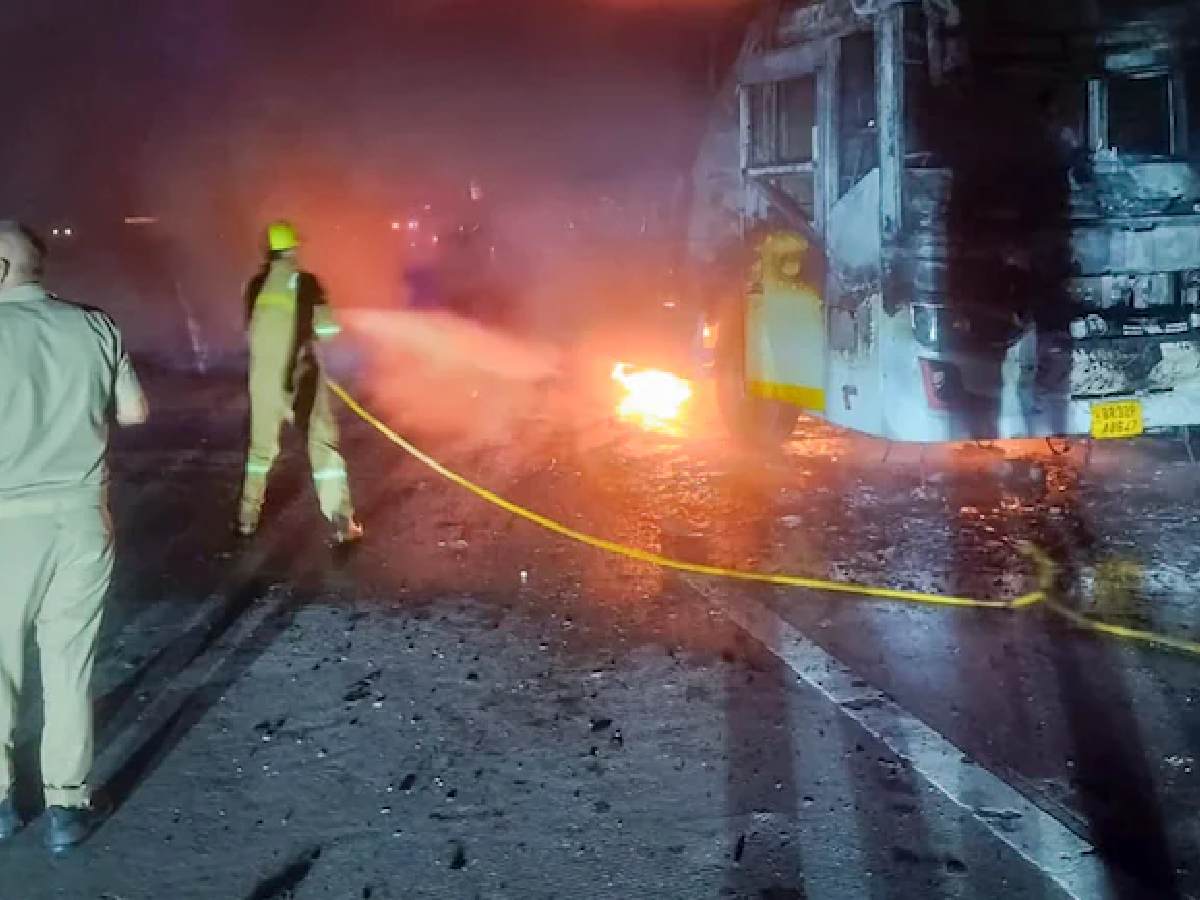 The bus that caught fire on Yamuna Expressway in Greater Noida