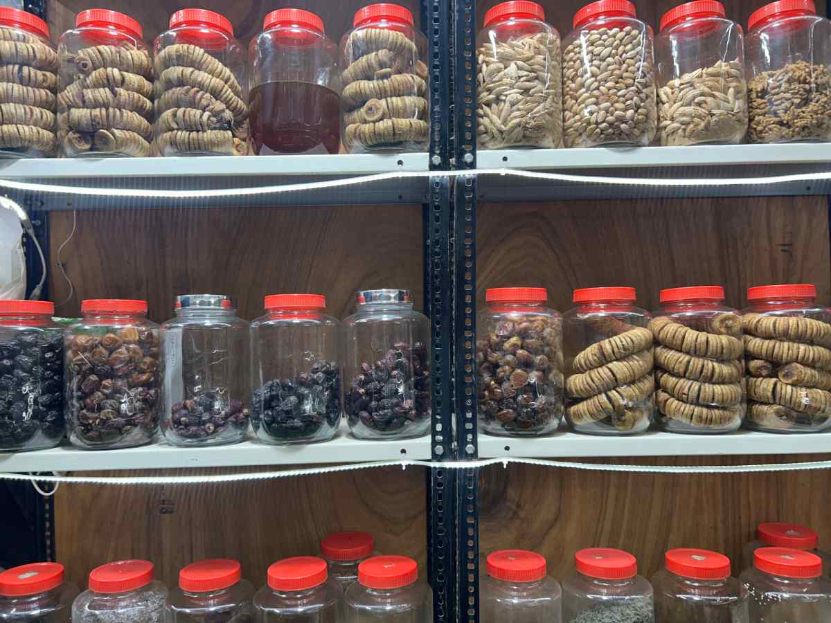 Shelves of dry fruits and other products at the shop in Lajpat Nagar, Delhi