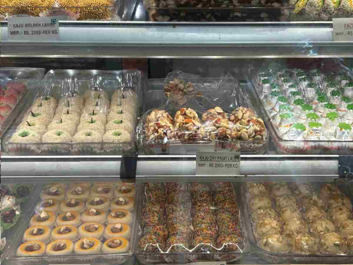 Traditional mithai on display at Nathu’sSweet Shop in Bengali Market